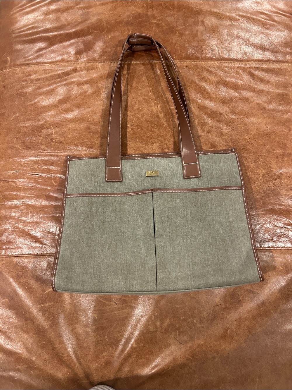 Etienne Aigner Olive Canvas Messenger Tote with Brown Leather Trim - Picture 1 of 8